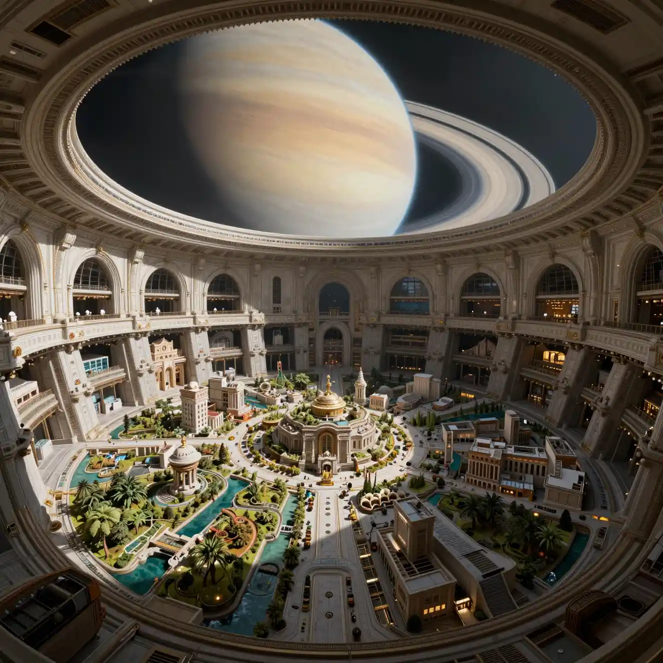 Panoramic interior view of a colossal orbital space station