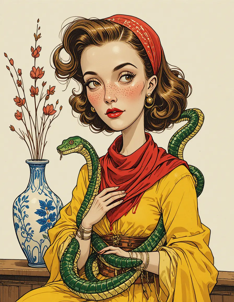 Vintage drawing of a woman with snakes and ornate jewelry