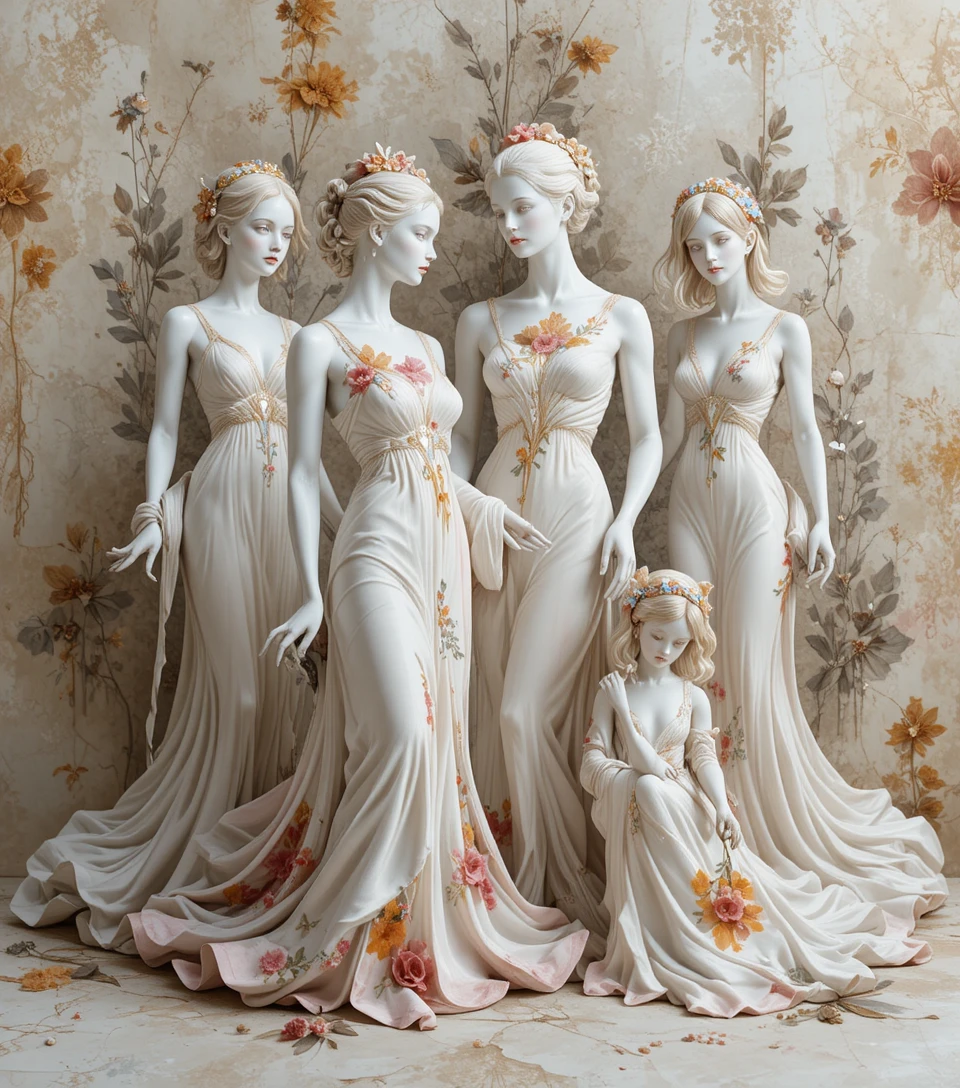 Porcelain figurines in mixed media on textured beige paper