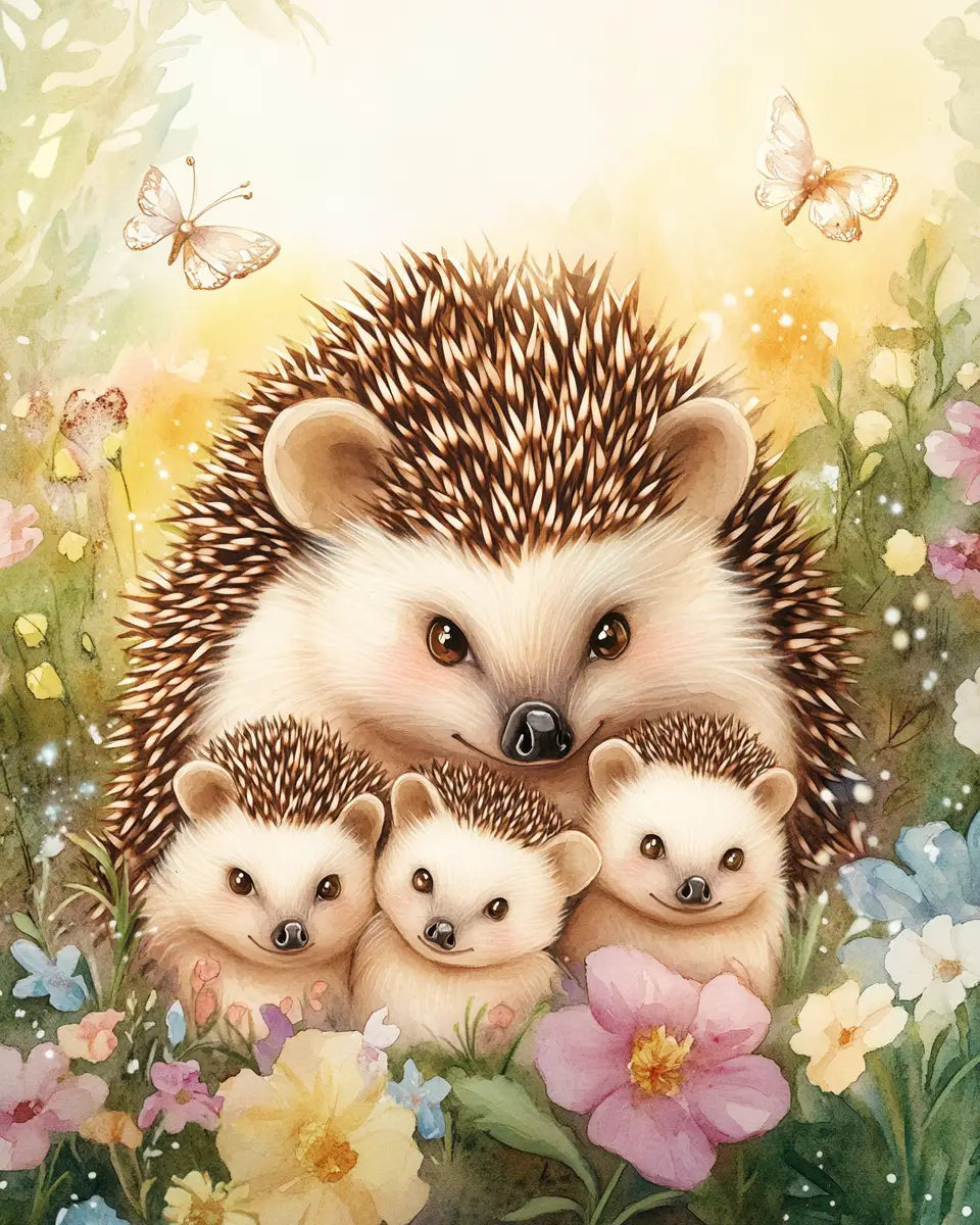 Mother hedgehog cuddling babies in watercolor meadow