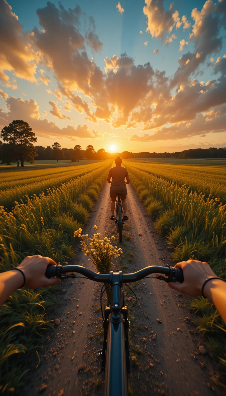 Paseo en bicicleta al sol por un tranquilo camino rural