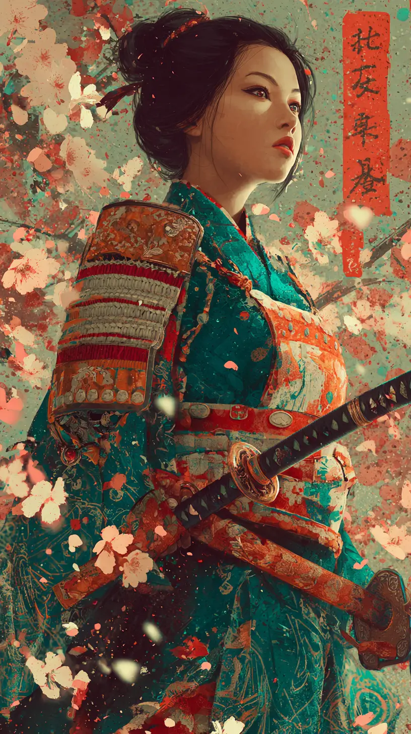 Japanese samurai woman among cherry blossoms in calm pose