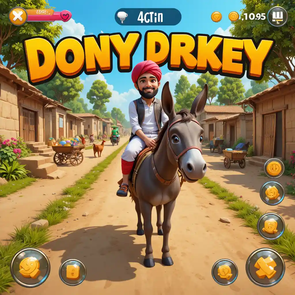 Colorful 3D game scene of a man riding a donkey