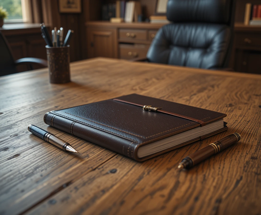 Organized Oak Desk With Journal In Executive Office