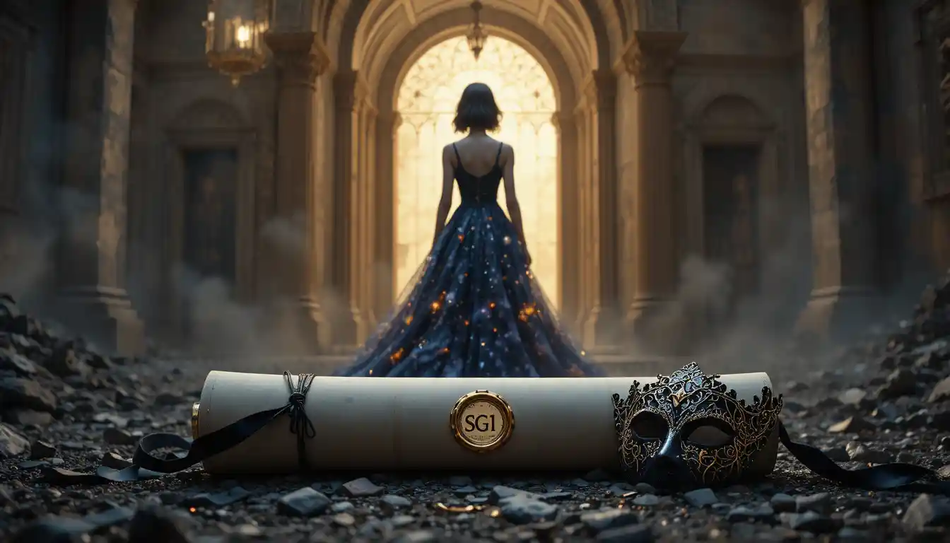 Lone woman glowing with stardust in a dark void