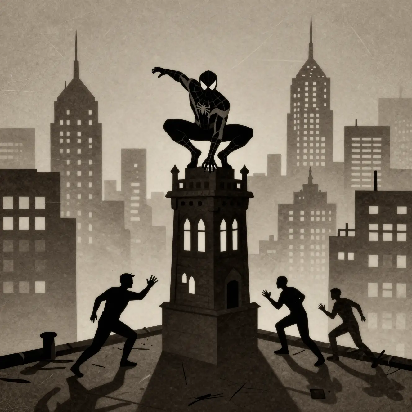 Dark superhero climbing a gothic tower above noir city