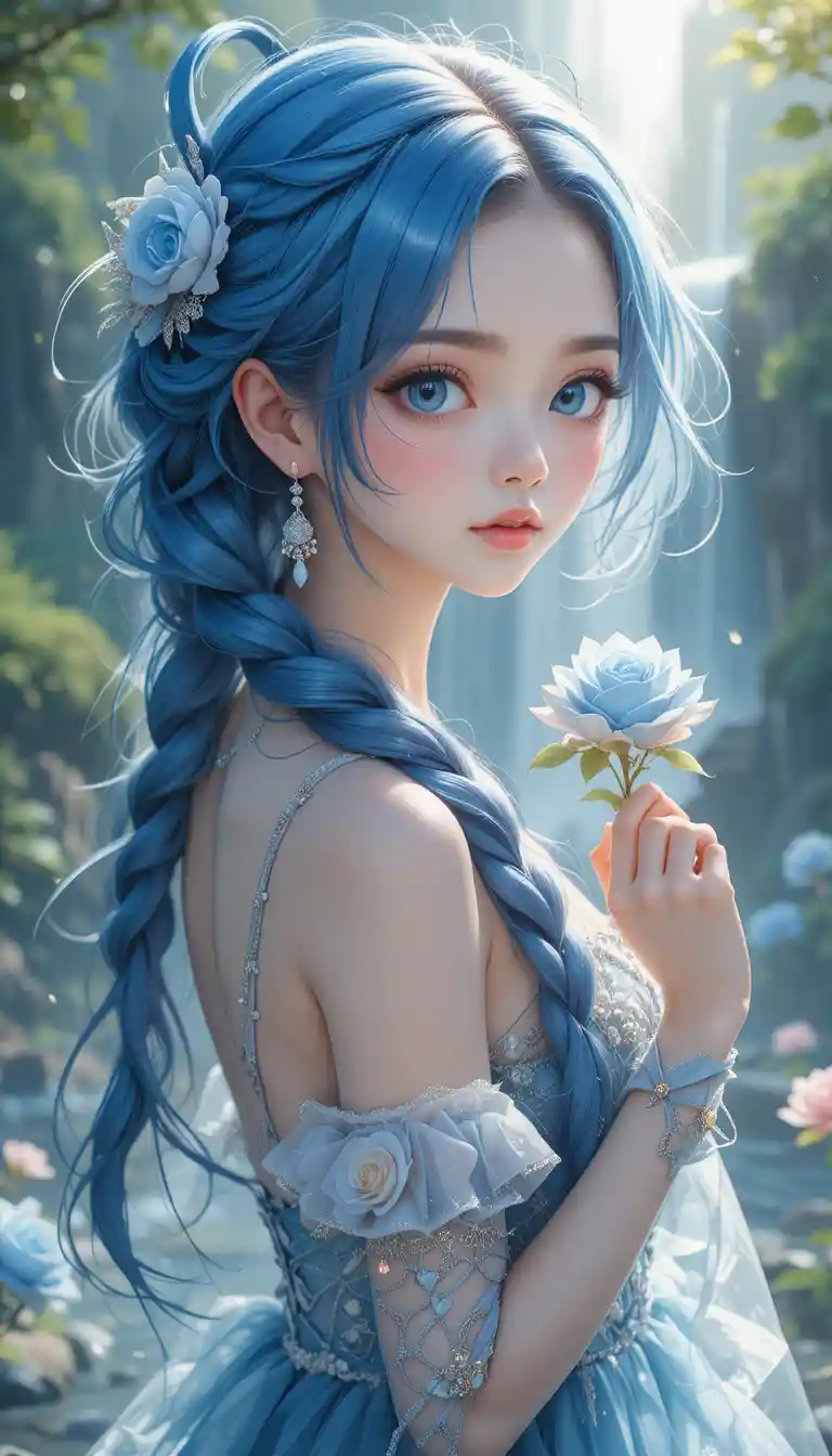 Blue haired anime girl with rose by waterfall