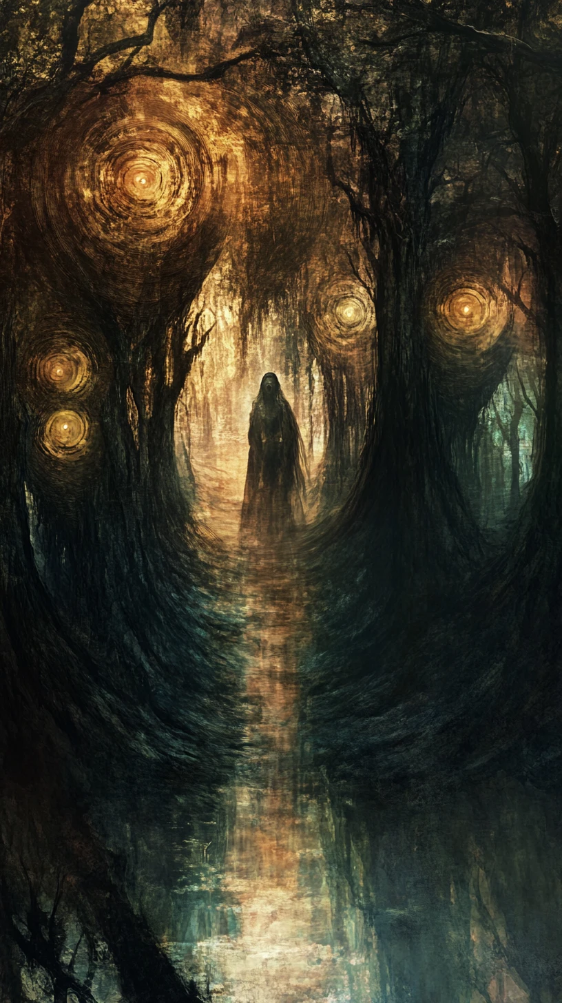 Surreal witch surrounded by endless reflections in forest