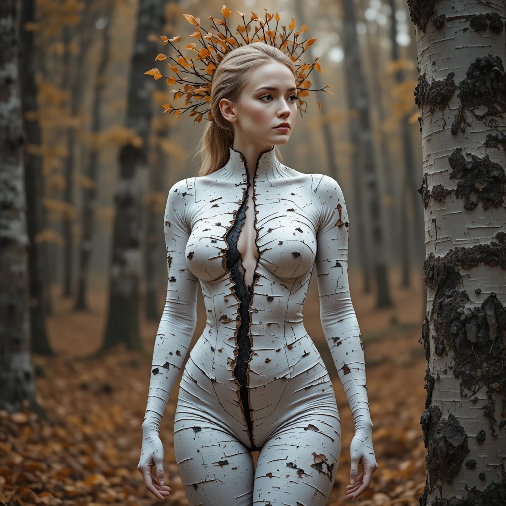 Femme surréaliste en écorce de bouleau dans une forêt d’automne silencieuse