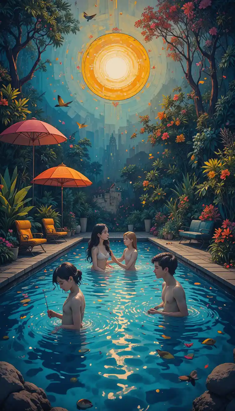 Joyful family gathering by a whimsical swimming pool