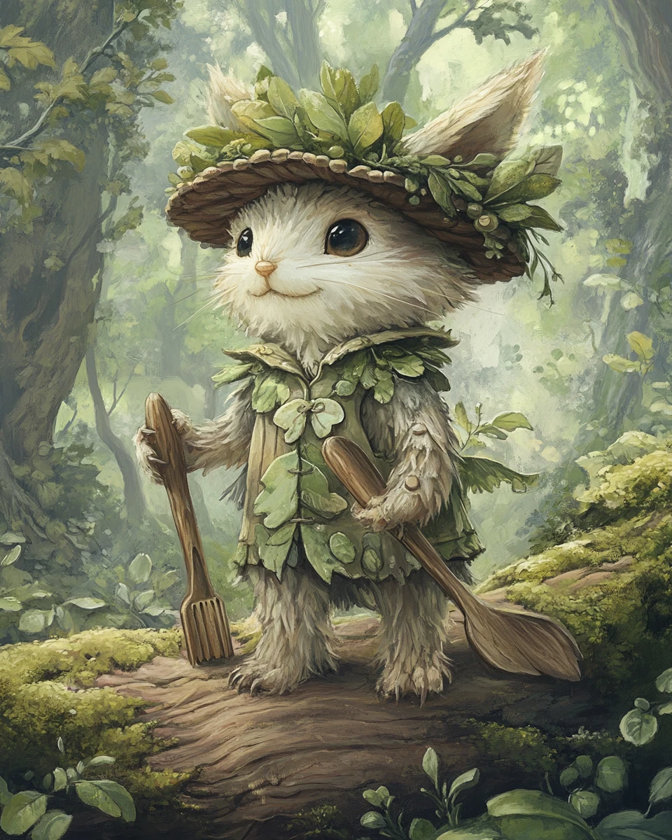 Pequeños seres de ramita trasteando en un frondoso bosque de fantasía