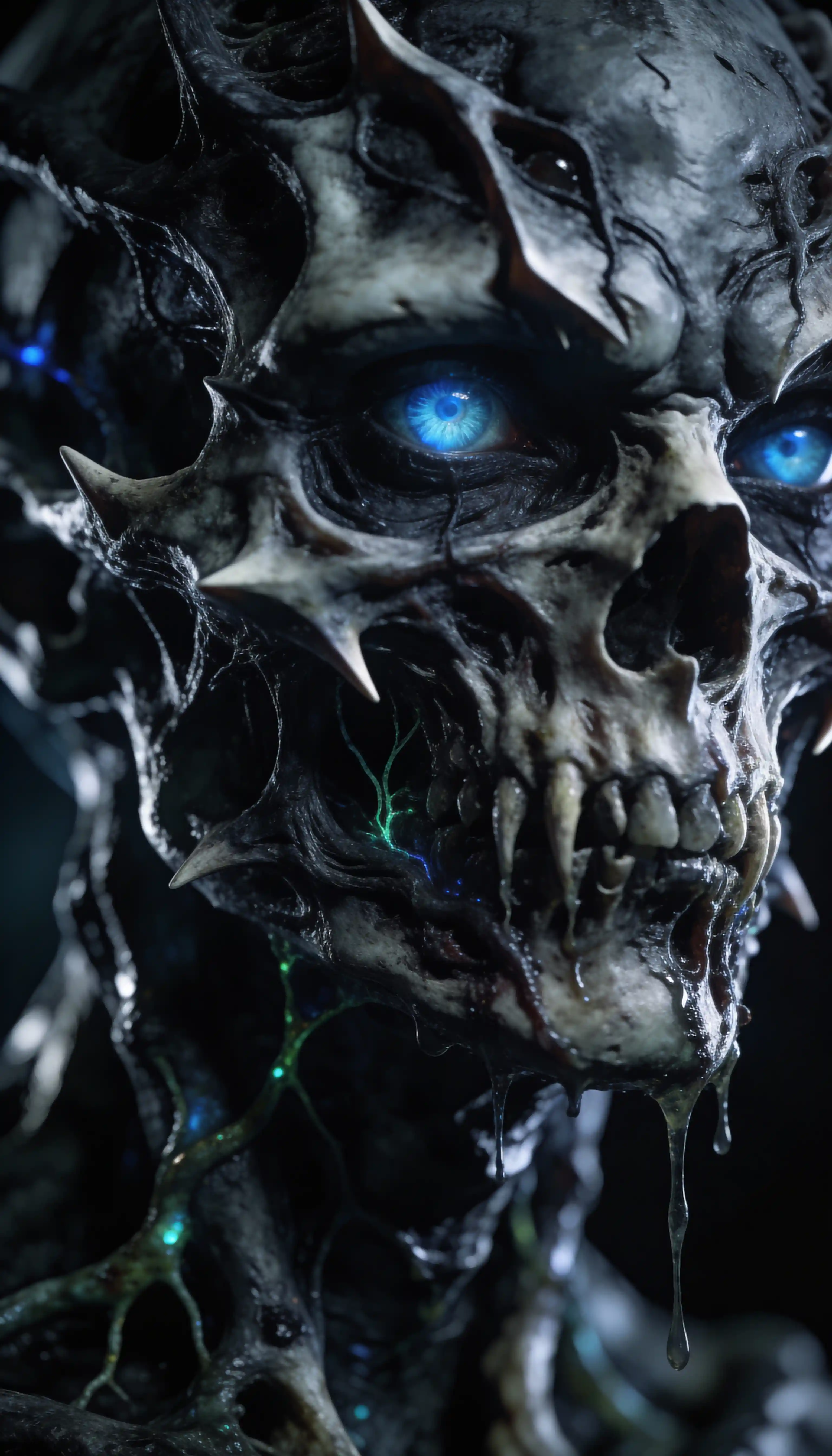 Nightmarish close up of a skeletal alien with blue eye