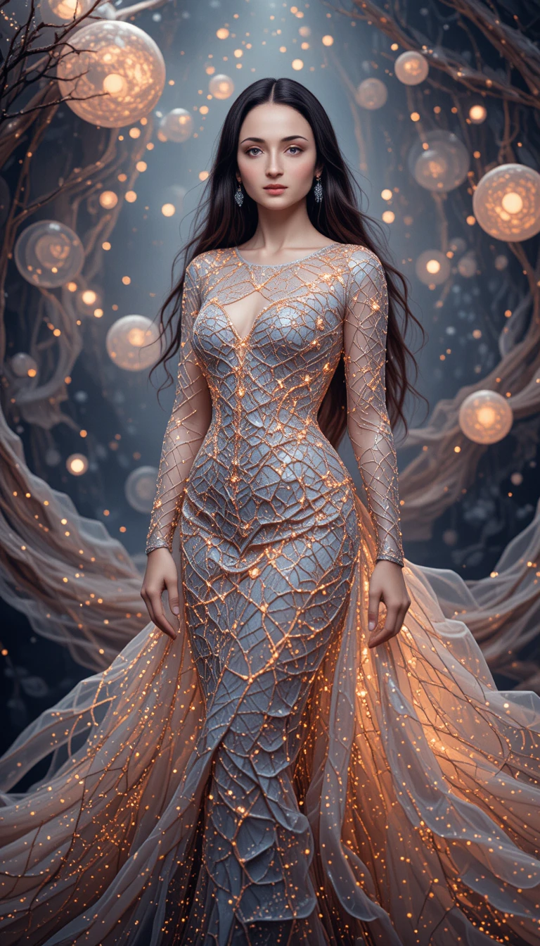 Elegant Indonesian woman in flowing fractal patterned gown