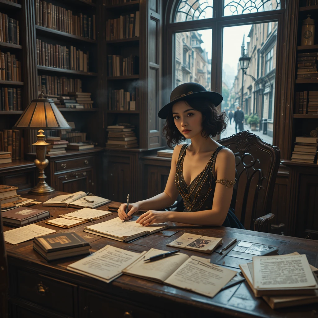 Mulher escrevendo em uma escrivaninha de mogno em uma biblioteca vintage