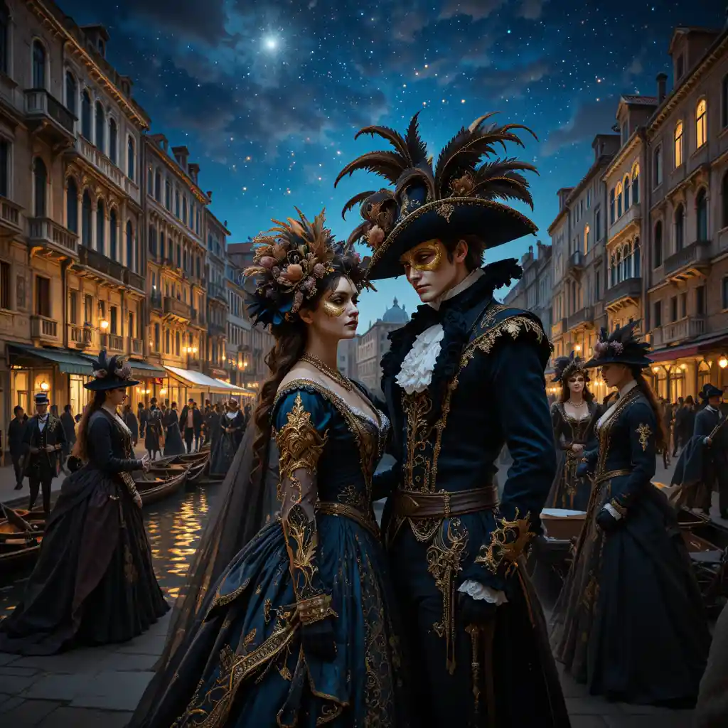 Venetian masquerade ball beside a starlit canal night