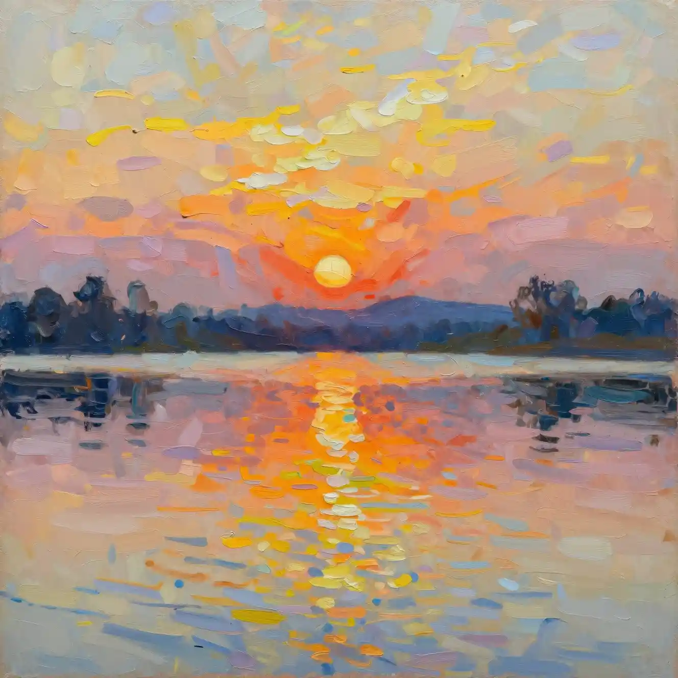 Tramonto impressionista su una tranquilla scena lacustre materica