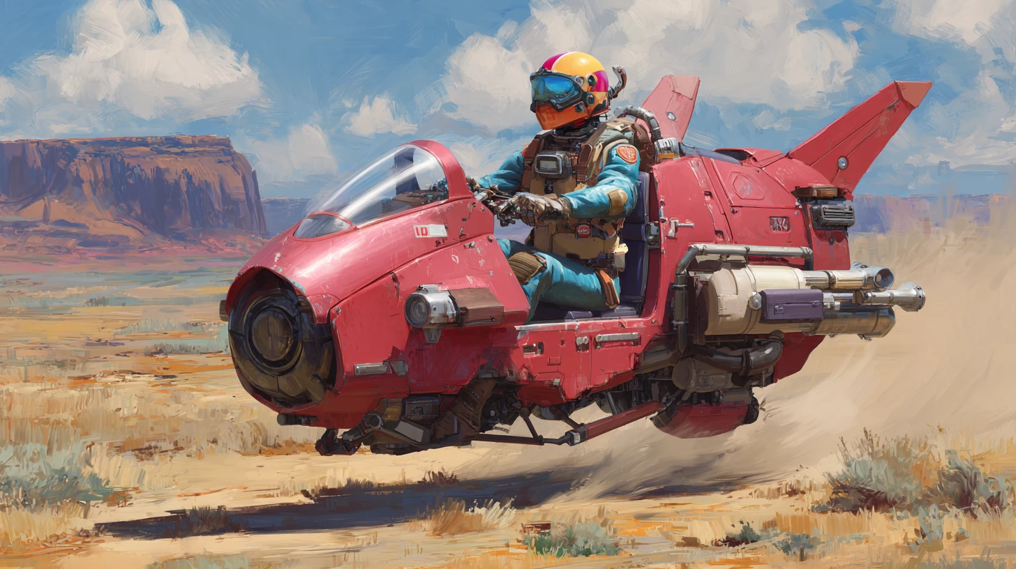 Speeder carmesí futurista corriendo por un desierto colorido