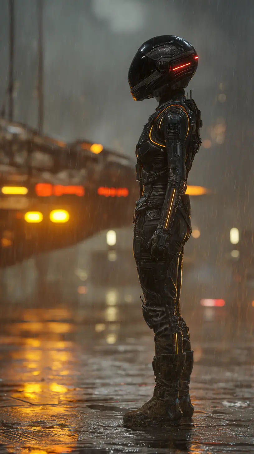 Female starfighter pilot on rainy neon landing pad