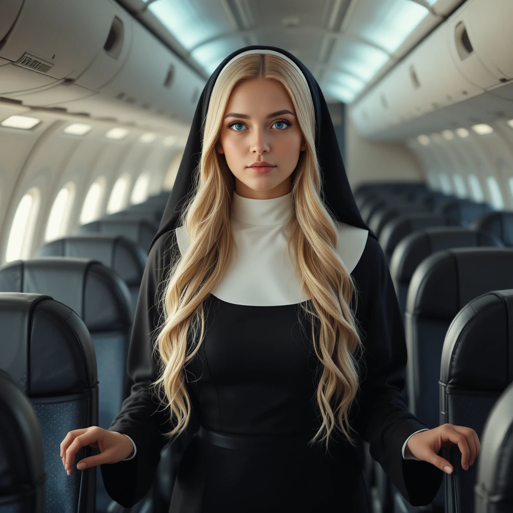 柔らかな光の中、飛行機の通路を歩く若い修道女