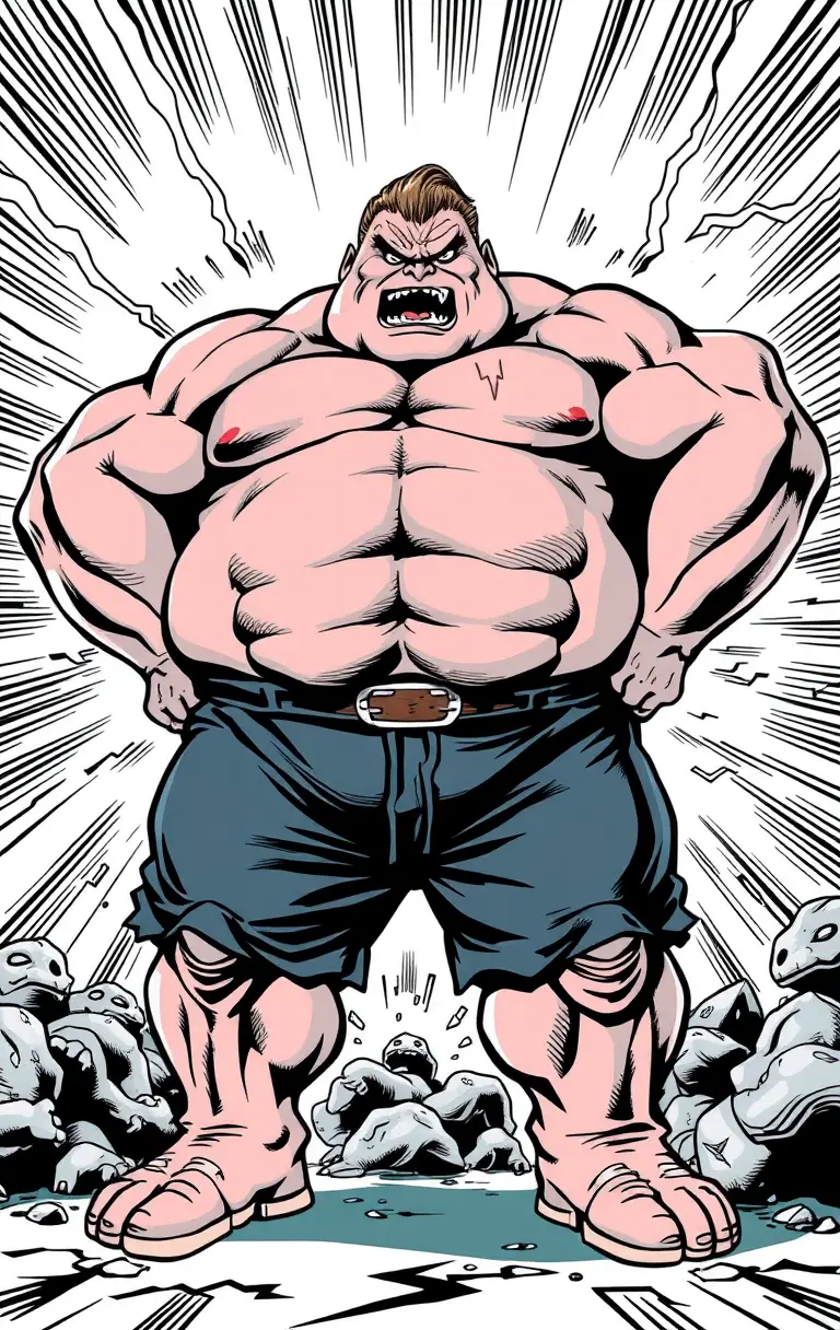 Angry musclebound superhero in retro comic book style