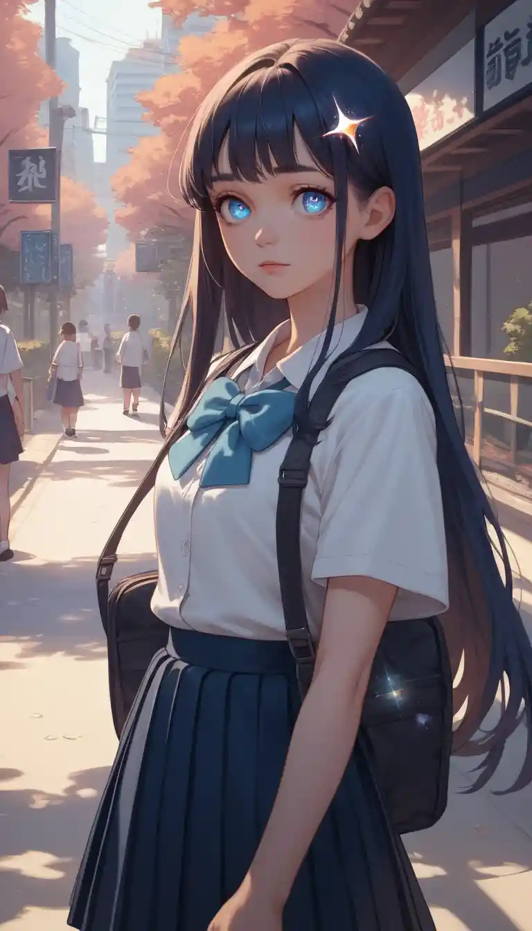 Anime schoolgirl with colorful long hair in public space