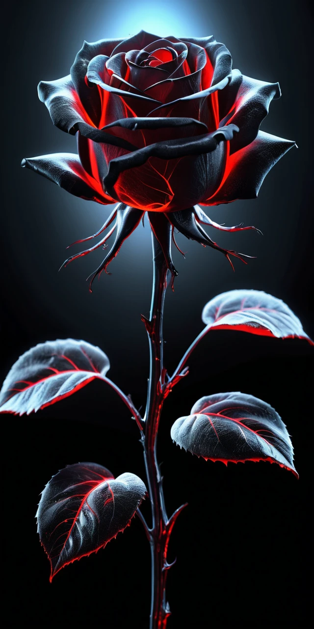 Rosa de vidrio negra que brilla con luz roja surrealista