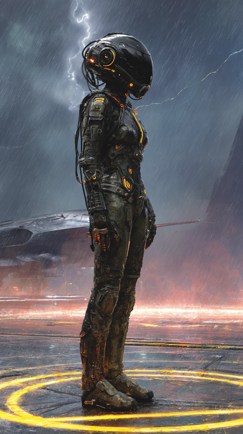 Lone Female Starfighter Pilot On Rain Soaked Night Landing Pad