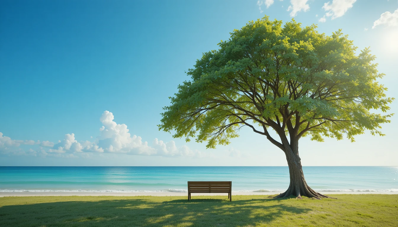 Large tree and wooden bench facing a calm ocean