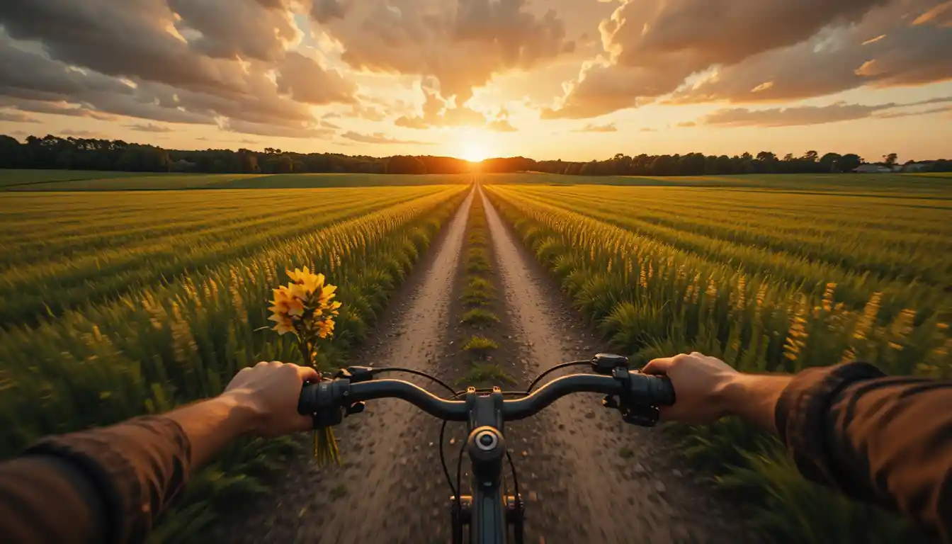Paseo en bicicleta en primera persona por un camino rural al atardecer