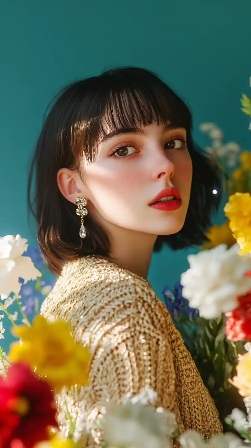 Anime woman in golden sweater among colorful flowers