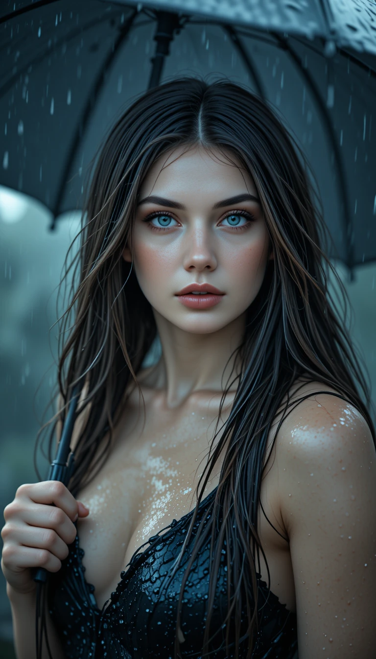 黑色雨傘下雨中的憂鬱年輕女子