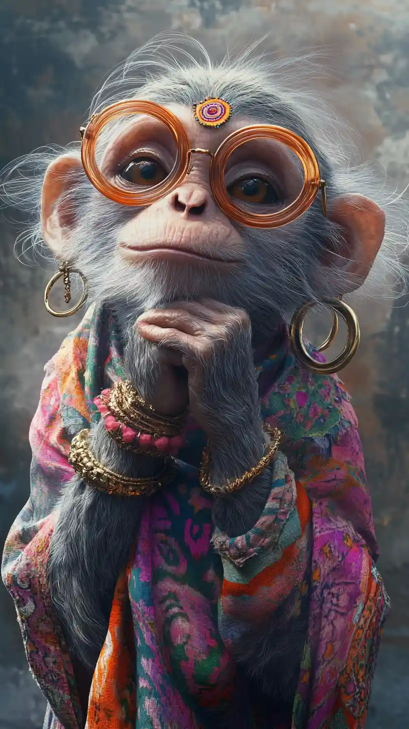 Retrato estilizado de mono con accesorios bohemios y mirada pensativa