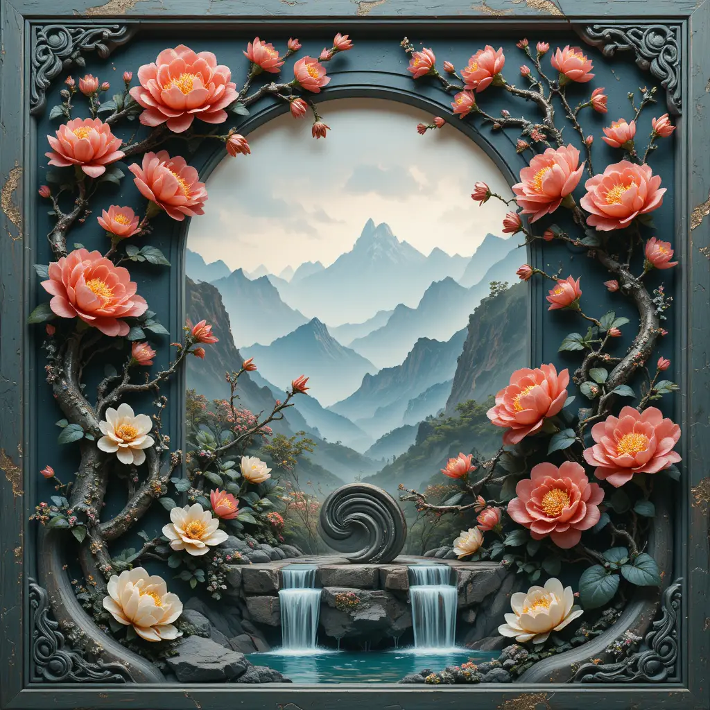 霧深い山の谷を望む花のレリーフ窓枠
