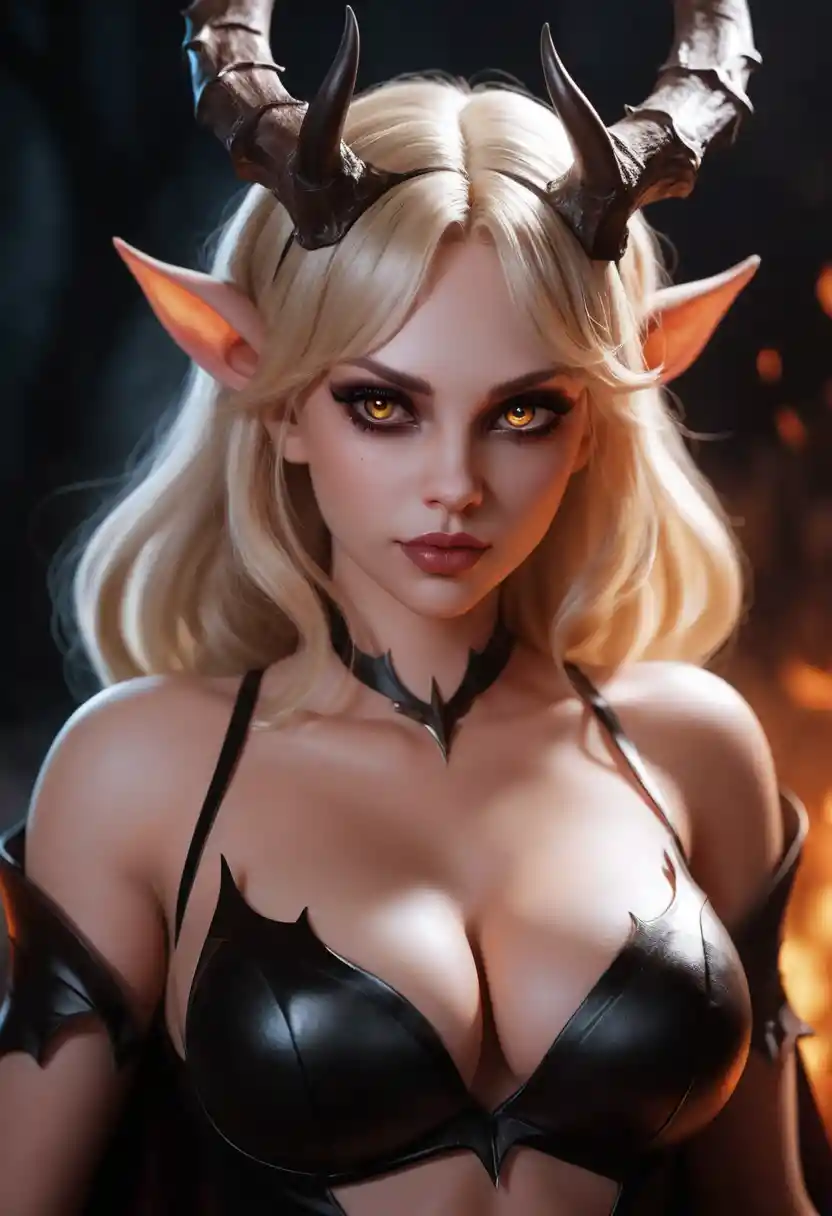 Blonde anime succubus with antlers in a dark hellscape