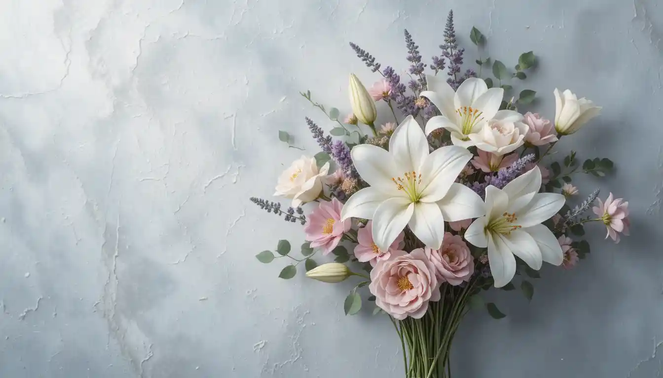 Soft pastel flower bouquet on dove grey background
