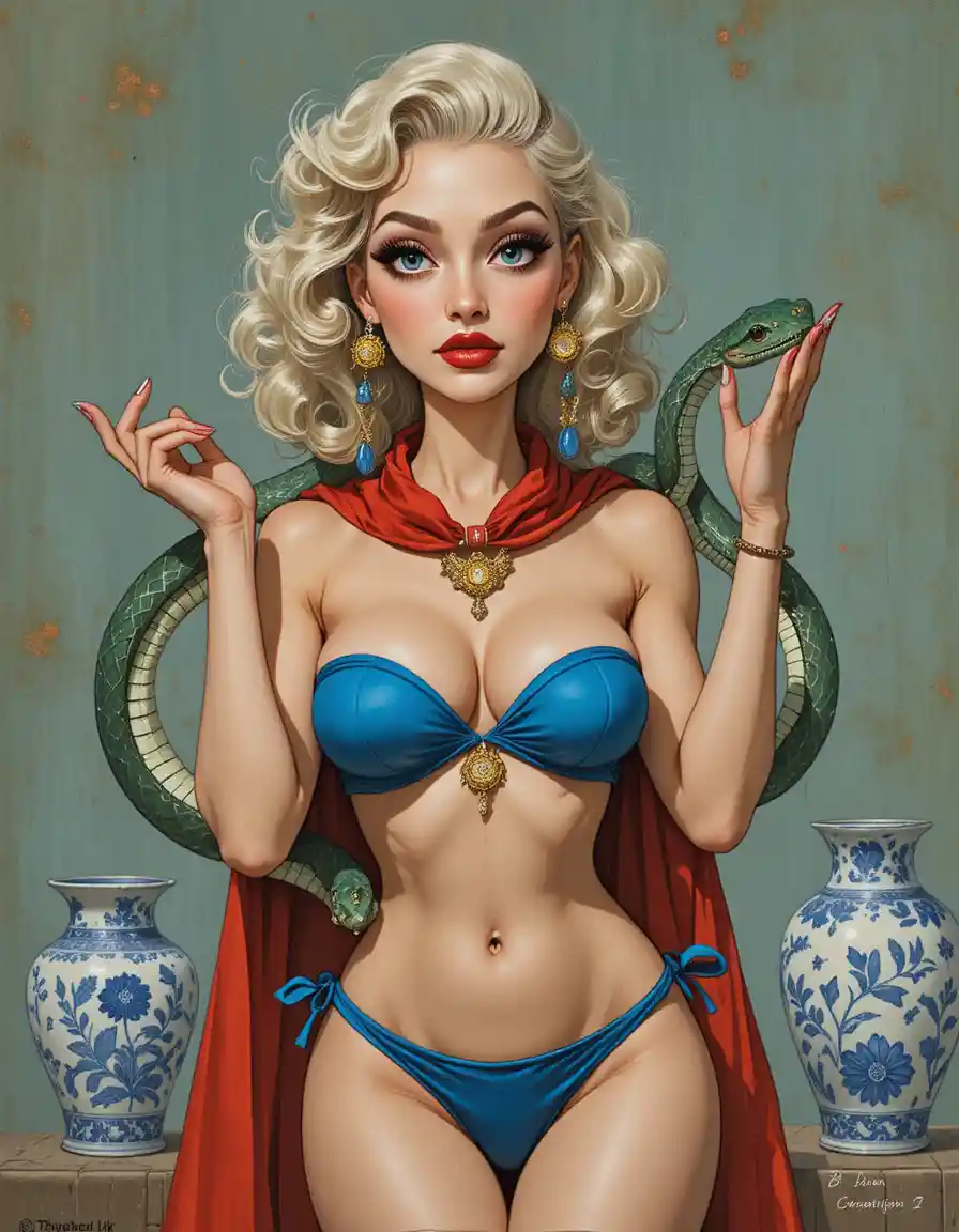 Vintage drawing of woman with snakes and ornate vase