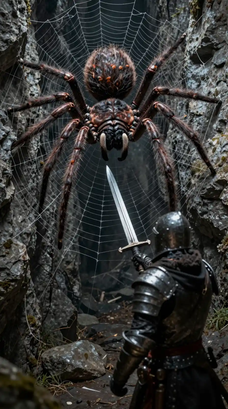 Knight faces a giant spider in a web filled cave