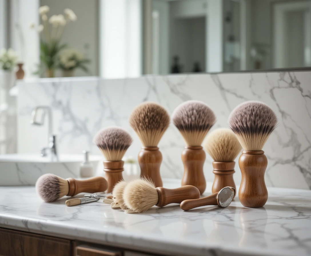 Cepillos de cuidado de cerdas naturales sobre una encimera de baño moderna