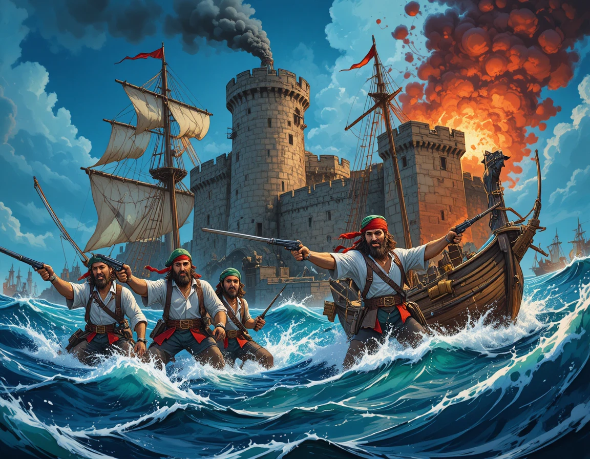 Pirate crew battling a coastal fortress in comic art