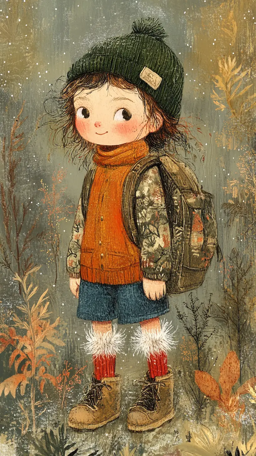 Child explorer in winter forest mixed media illustration