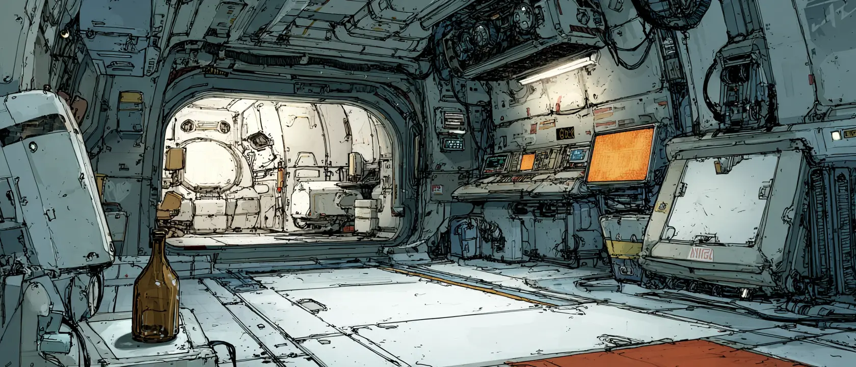 Woman in hazmat suit watching space through station window