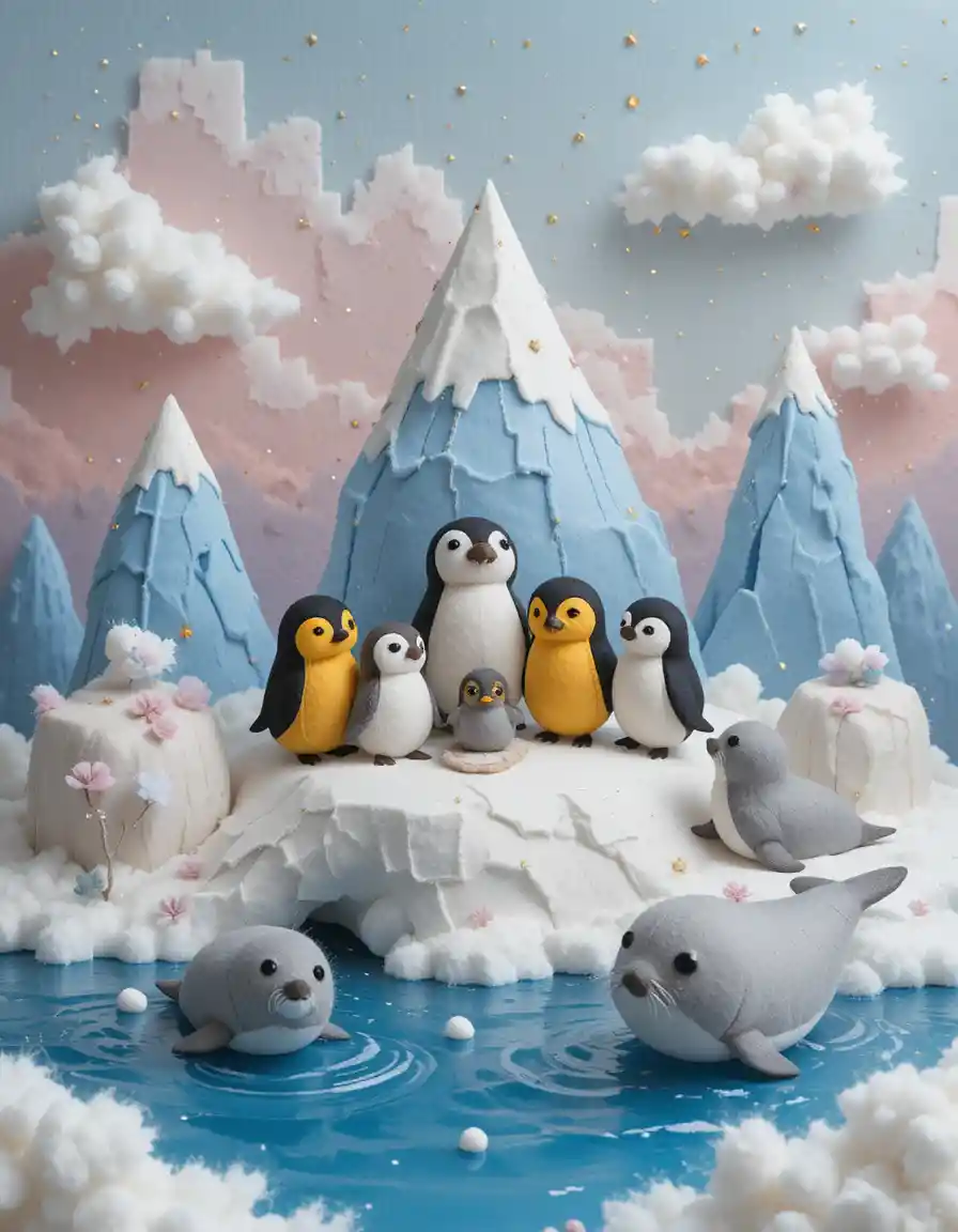 Pingüinos de fieltro hechos a mano en un suave paisaje polar de algodón