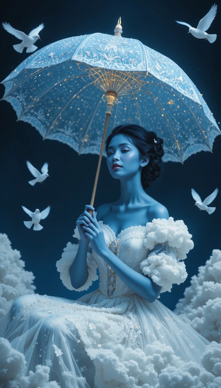 Blue skinned woman in clouds with starry umbrella