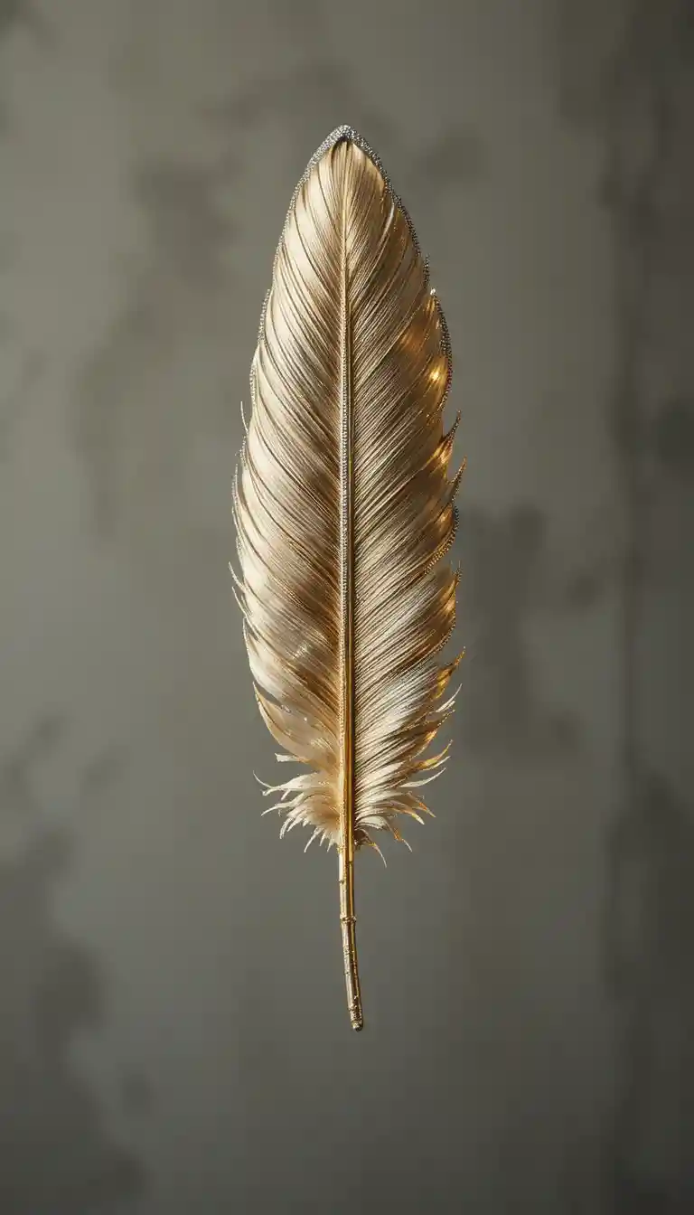 Golden feather with diamonds on a soft neutral background