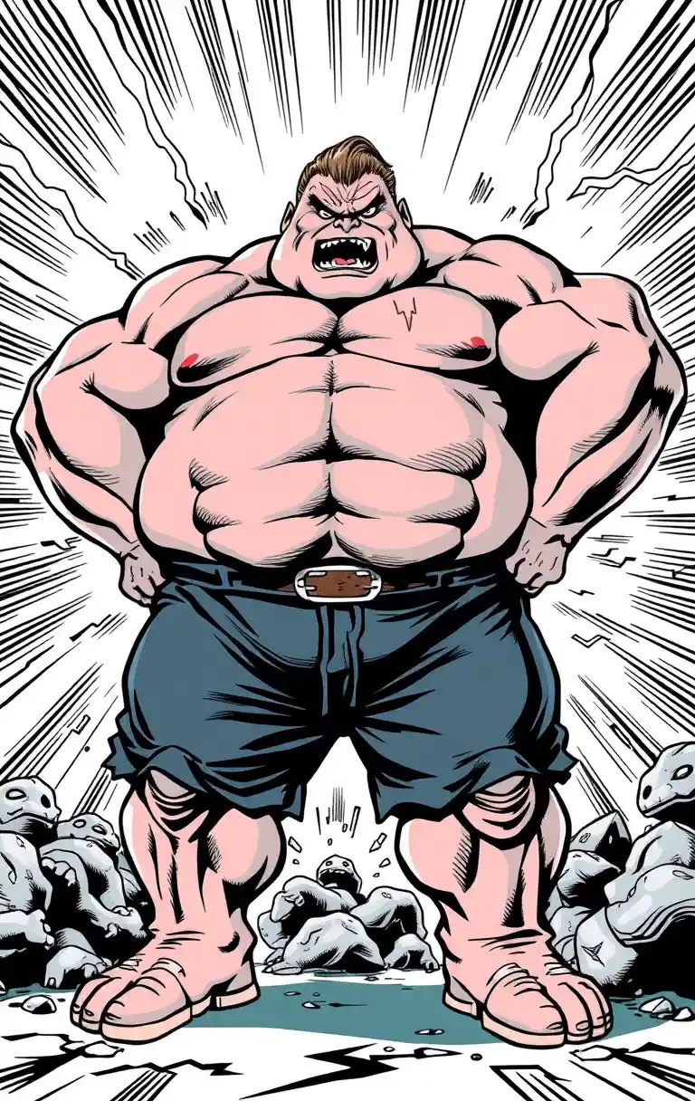 Angry musclebound superhero in retro comic book style