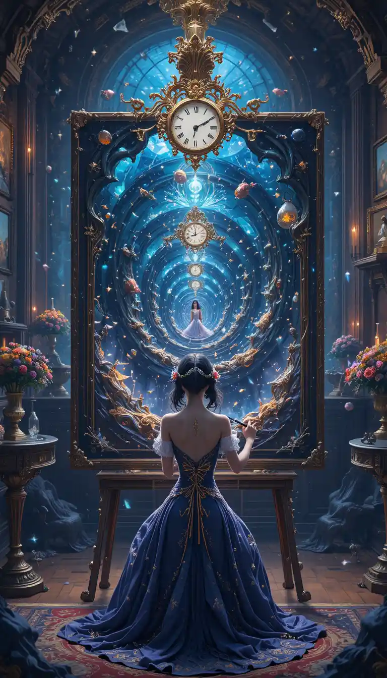 Magical anime painter in a recursive glowing studio scene
