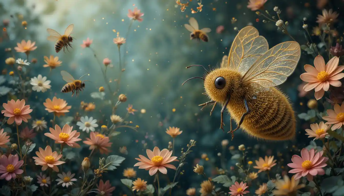 Whimsical dreamlike illustration of colorful bees in motion
