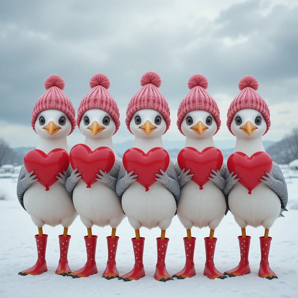 Five playful seagulls in red boots with heart balloons