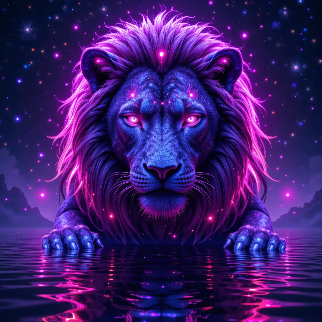 Glowing Purple Lion Under A Starry Night Sky