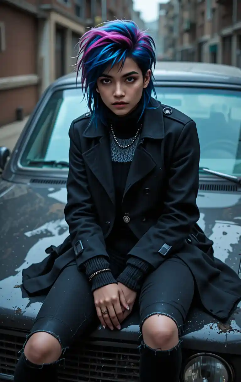 Nonbinary grunge teen sitting on a car hood